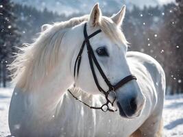 ai gegenereerd wit paard met sneeuw achtergrond foto