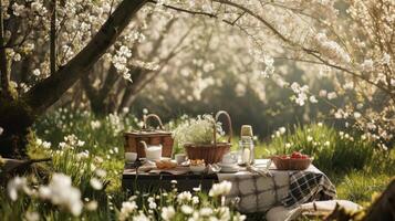 ai gegenereerd voorjaar picknick paradijs foto