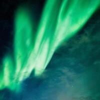 helder en actief Aurora borealis of noordelijk lichten gloeiend in de nacht lucht Aan arctisch cirkel foto