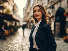 ai gegenereerd vers en energiek 22 jaar oud bedrijf vrouw in een pak, lopen straat foto