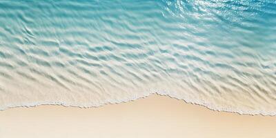 ai gegenereerd palm blad geïsoleerd Aan zonnig blauw golfde water oppervlak, zomer strand vakantie achtergrond concept met kopiëren ruimte foto