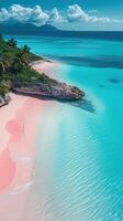 ai gegenereerd een roze zand strand en palm bomen foto