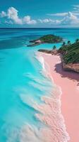 ai gegenereerd een roze zand strand en palm bomen foto