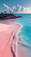 ai gegenereerd een roze zand strand en palm bomen foto