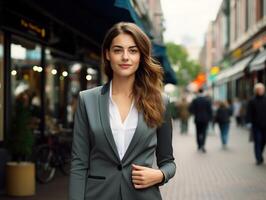 ai gegenereerd vers en energiek 22 jaar oud bedrijf vrouw in een pak, lopen straat foto