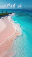 ai gegenereerd een roze zand strand en palm bomen foto