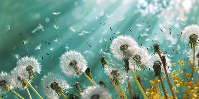 ai gegenereerd wit paardebloemen zijn vliegend in de lucht Aan een groen achtergrond foto