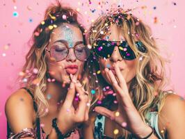 ai gegenereerd Dames in zonnebril en bril Aan roze achtergrond blazen confetti foto