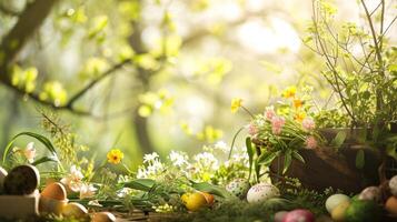 ai gegenereerd Pasen-thema elementen. de weelderig groen, bloeiende bloemen, en verspreide eieren foto