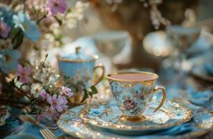 ai gegenereerd tafel instelling met blauw bloemen en goud accenten foto