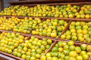 oranje fruit vervuild biologisch gestapeld Aan hout krat in kruidenier foto