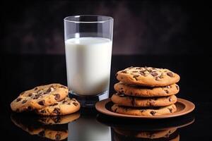 ai gegenereerd koekjes en melk Aan een donker oppervlakte foto