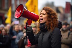 ai gegenereerd een vrouw met een luidspreker spreekt naar de menigte foto