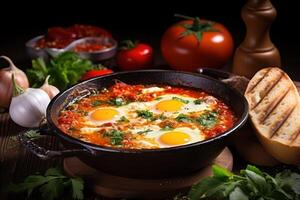 ai gegenereerd heerlijk Shakshuka in frituren pan en producten Aan houten tafel foto