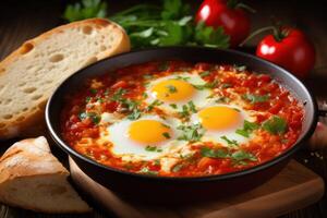 ai gegenereerd heerlijk Shakshuka in frituren pan en producten Aan houten tafel foto