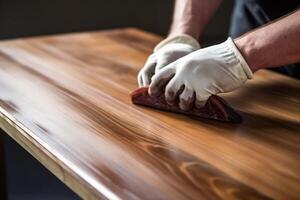 ai gegenereerd Mens met borstel toepassen hout bekladden op houten oppervlakte binnenshuis, detailopname foto