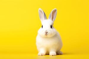 ai gegenereerd schattig wit konijn Aan geel achtergrond met kopiëren ruimte voor tekst foto