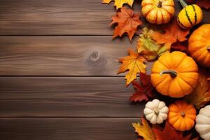 ai gegenereerd droog herfst bladeren en pompoenen Aan houten tafel, vlak leggen. ruimte voor tekst foto