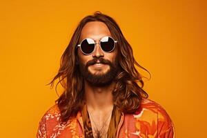 ai gegenereerd hippie Mens in zonnebril Aan oranje achtergrond foto