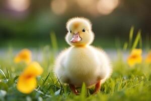 ai gegenereerd schattig pluizig eendje Aan groen gras buitenshuis. baby dier foto