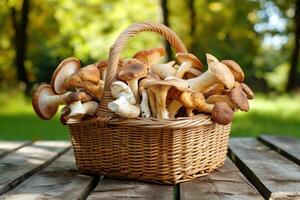 ai gegenereerd rieten mand met vers wild champignons Aan houten tafel buitenshuis foto