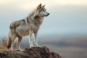 ai gegenereerd vastleggen een eenzaam wolf staand Aan een rotsachtig ontsluiting, haar blik gemaakt Aan de ver weg horizon foto