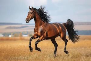 ai gegenereerd hoogtepunt de beweging en schoonheid van een galopperen paard rennen vrij foto