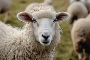 ai gegenereerd een schapen is op zoek weg van de camera foto