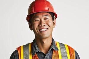 ai gegenereerd Aziatisch bouw arbeider Aan een wit achtergrond glimlachen foto