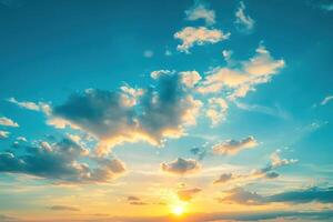 ai gegenereerd een zonsondergang Aan een duidelijk blauw lucht met wolken foto