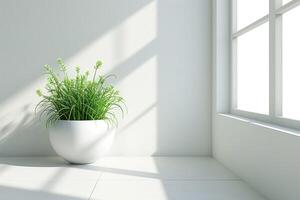ai gegenereerd klein bloem pot met huis van gras Aan wit verdieping en venster foto