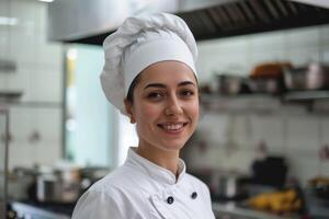 ai gegenereerd vrouw chef in wit uniform glimlacht Bij camera Aan keuken foto