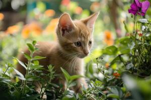 ai gegenereerd tuin fantasie van een speels katje foto