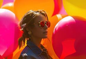 ai gegenereerd jong vrouw in zonnebril De volgende naar ballonnen foto