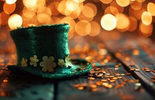 ai gegenereerd groen st Patrick hoed Aan een tafel bokeh. foto