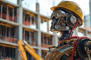 ai gegenereerd een humanoid robot in arbeider kleding, Bij een bouw plaats omringd door machinerie en structuren. foto