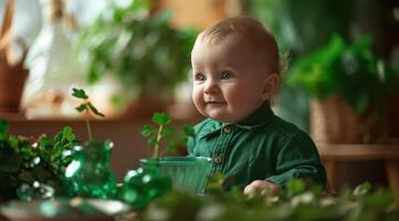 ai gegenereerd een baby zittend in voorkant van smaragden en emmers Aan st patricks dag foto