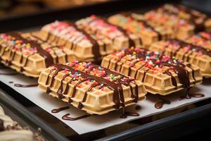 ai gegenereerd knapperig behandelt wafel ijslolly Scherm met chocola en toppings foto