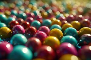 ai gegenereerd een veld- van glimmend Pasen eieren dat looks Leuk vinden een veld- van kleurrijk ballen foto