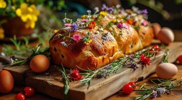 ai gegenereerd een brood met sommige bloemen en Pasen eieren Aan top foto