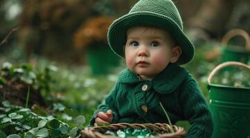 ai gegenereerd een baby zittend in voorkant van smaragden en emmers Aan st patricks dag foto