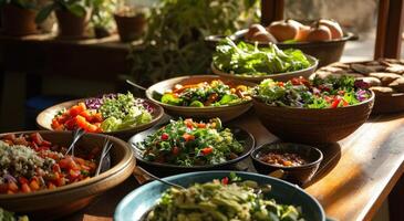 ai gegenereerd een tafel heeft meerdere salades geregeld Aan het foto