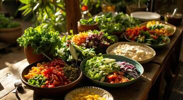 ai gegenereerd een tafel heeft meerdere salades geregeld Aan het foto