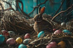 ai gegenereerd een konijn is zittend met gekleurde eieren door het Aan gras foto