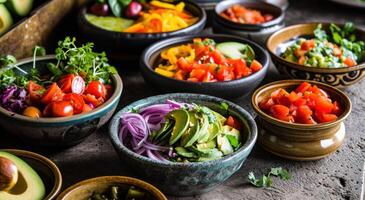 ai gegenereerd een tafel met gezond salades foto