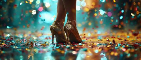 ai gegenereerd een vrouw draagt hakken en goud schoenen en is staand in voorkant van een kleurrijk achtergrond van confetti foto