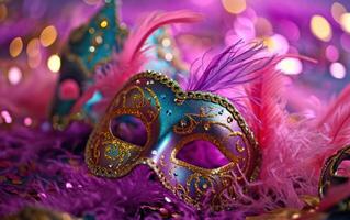 ai gegenereerd kleurrijk carnaval maskers met veren Aan een Purper achtergrond foto