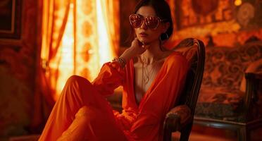 ai gegenereerd een hoog, mager vrouw vervelend oranje broek en zonnebril zit Aan een stoel. foto