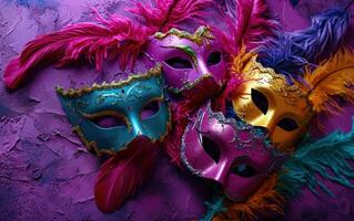 ai gegenereerd kleurrijk carnaval maskers met veren Aan een Purper achtergrond foto