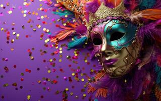 ai gegenereerd kleurrijk veren Aan een Purper achtergrond van carnaval maskers. foto